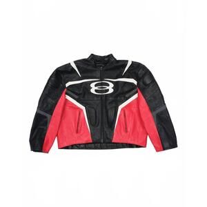 NEW BALENCIAGA unisex - 1076 light semi shiny leather racer jacket in black/red